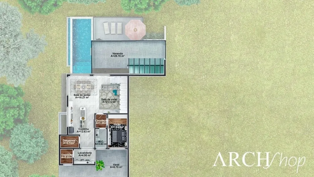 Planta baixa do pavimento térreo do Projeto Colômbia, um sobrado para declive com 3 suítes e área gourmet.