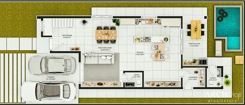 Modelo de planta de casa de sobrado funcional com 3 suítes e áreas de circulação valorizadas, Projeto Santiago.