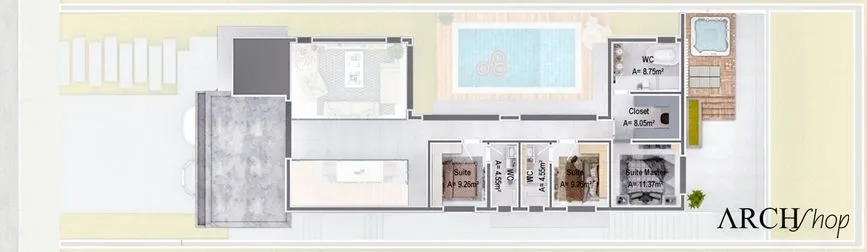 Planta baixa do pavimento superior do Projeto Geórgia, um sobrado em aclive com piscina e área gourmet.