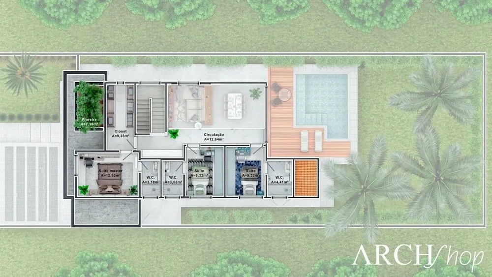Planta baixa do pavimento superior do Projeto Milão, com 4 quartos e piscina.