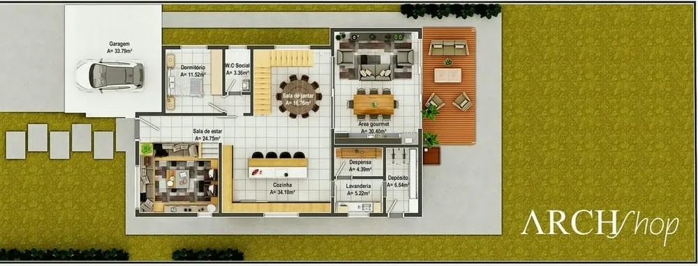 Planta de sobrado com quatro quartos, sendo três suítes, e fachada imponente, destacando o design elegante.