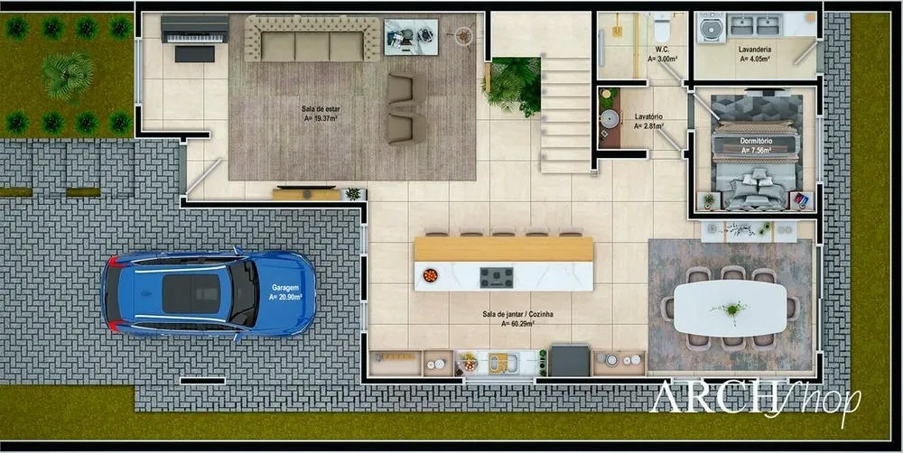 Plano de planta del nivel de la calle del Proyecto Taiwán, con sala de estar, comedor, cocina y dormitorio de invitados.