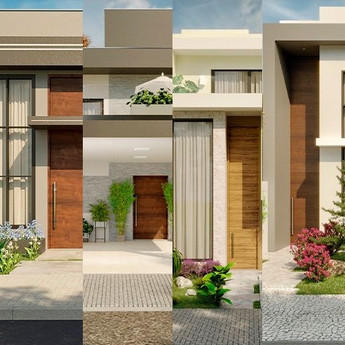 Quatro opções de plantas baixas para terrenos 10x20, mostrando diferentes estilos e layouts de casas modernas.