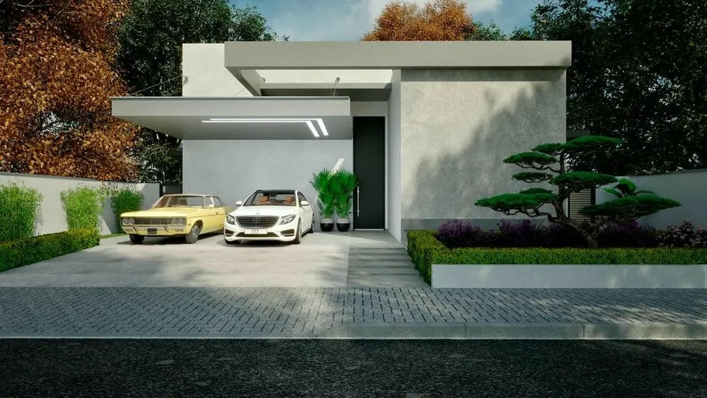 Casa blanca con detalles en gris y platabanda, dos coches en el garaje. La imagen ilustra la necesidad de vigas en la platabanda para soporte estructural.