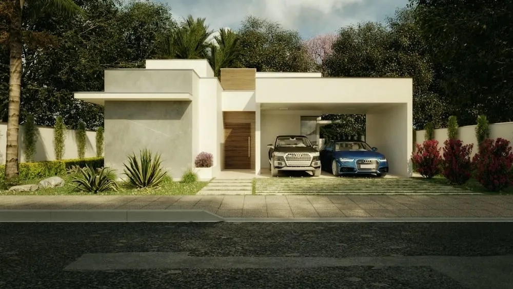 Casa branca e cinza com platibanda que oculta o telhado, destacando o design minimalista e moderno.