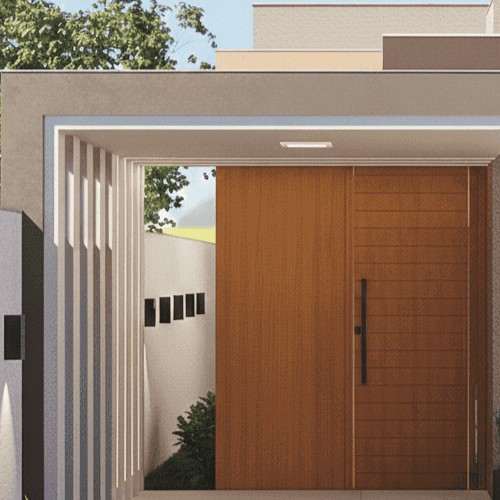 Fachada moderna com porta de madeira ripada e detalhes em concreto, inspirada no programa Minha Casa Minha Vida.