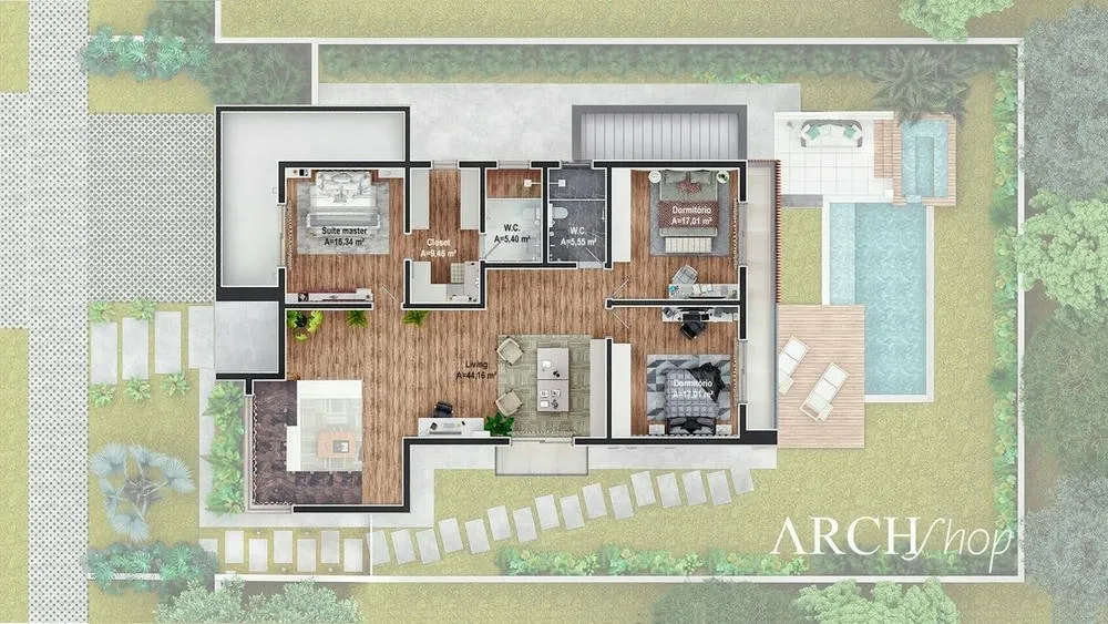 Ground floor plan of the Portugal Project, with integrated living room and kitchen.