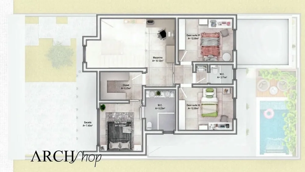 Primeiro pavimento de planta de casa com três quartos, pé direito duplo e área gourmet com piscina, Projeto Bélgica.