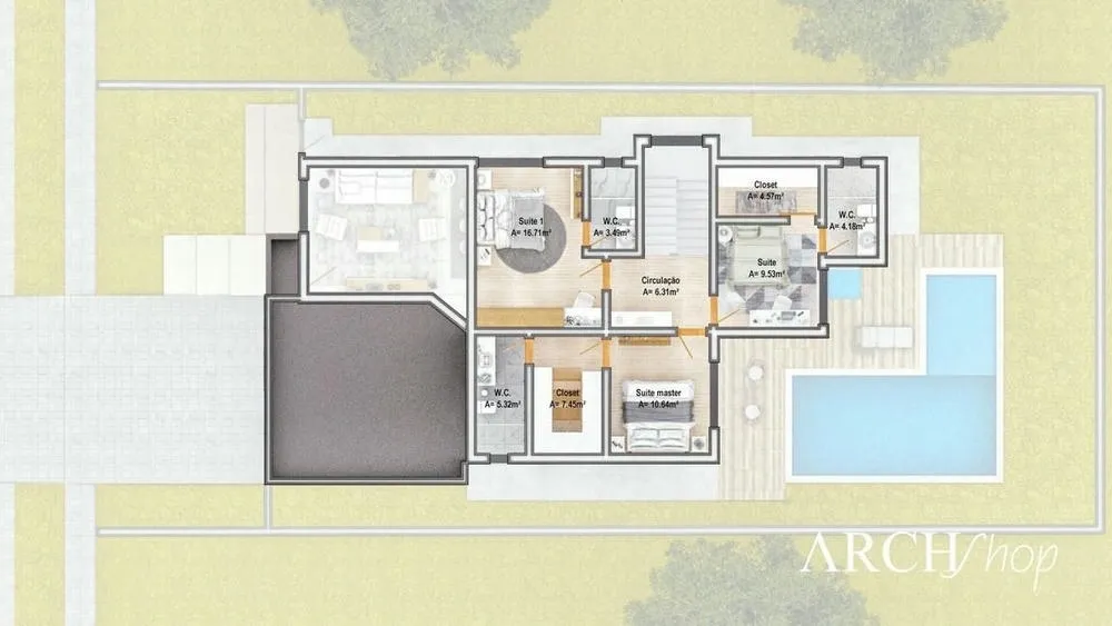 Primeiro pavimento de planta de casa com 3 suítes, área gourmet e piscina, Projeto Dublin.