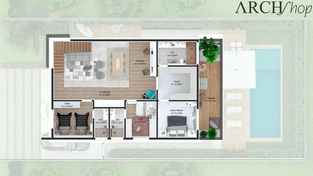 Primeiro pavimento de planta de casa de 3 suítes e área de lazer completa com depósito e lavanderia, Projeto Budapeste.