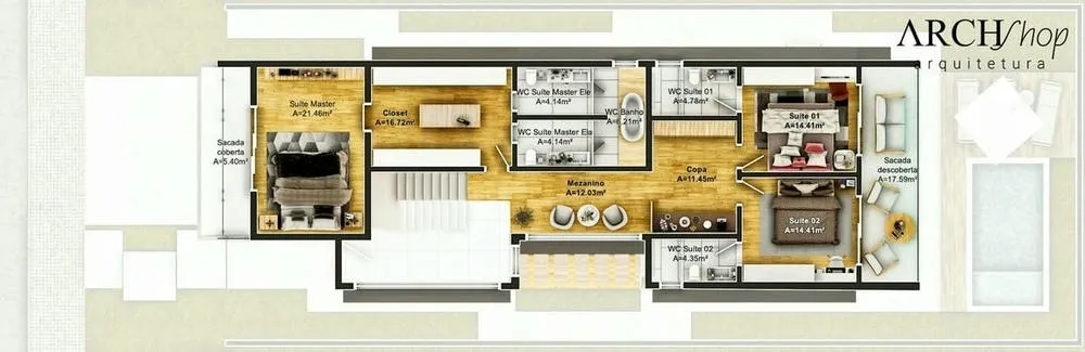 Primeiro pavimento de planta de casa com 3 suítes em 300 m2 com copa em piso superior, Projeto Lyon.
