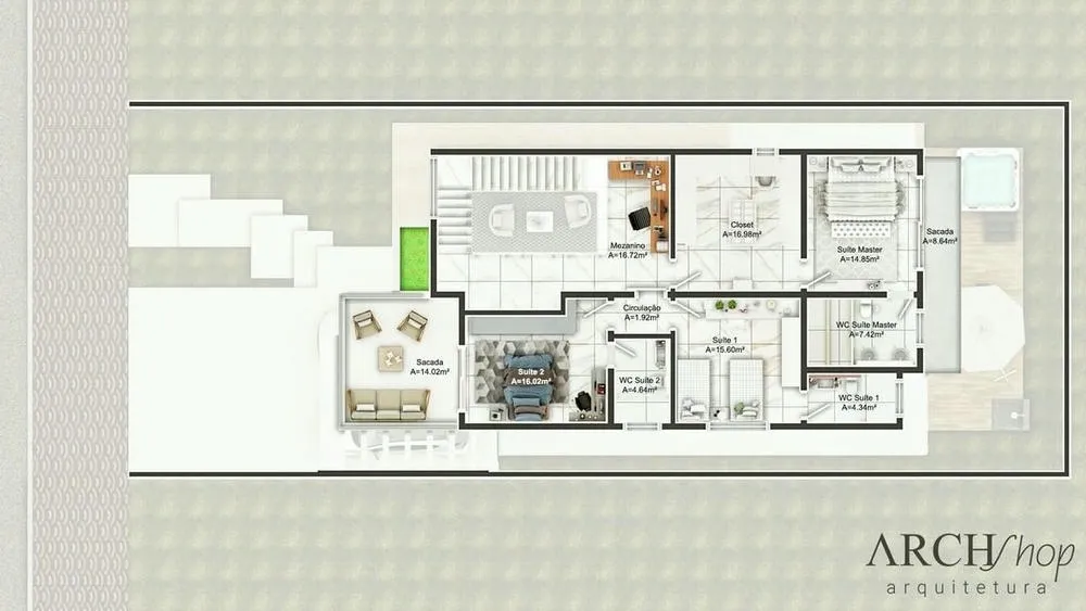 Primeiro pavimento de planta de casa com 3 suítes, sobrado, sacada e ambientes integrados, Projeto Casablanca.