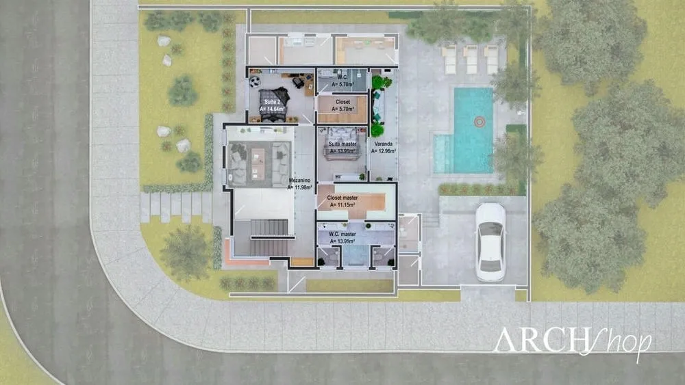 Primeiro pavimento de planta de casa de esquina colonial com 3 suítes e piscina, Projeto Beverly Hills.