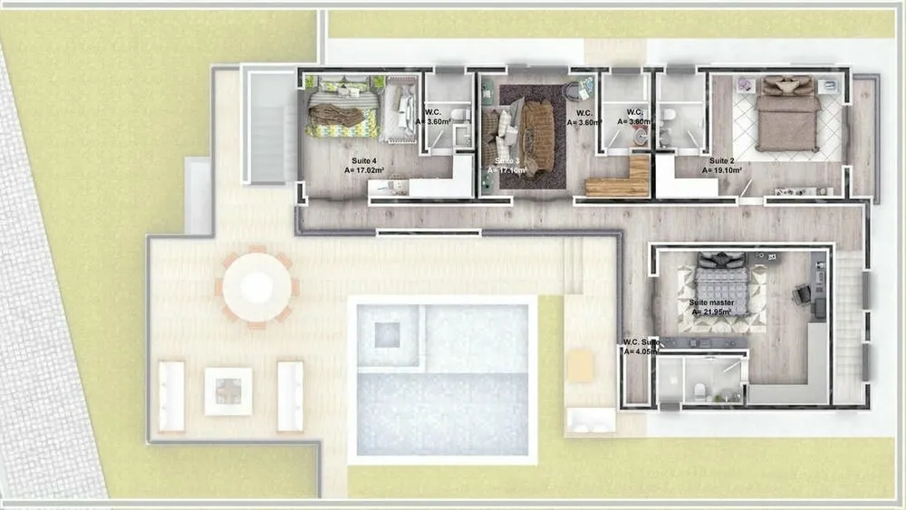 Primeiro pavimento de plantas de casas com quatro quartos e quatro suítes, destacando a distribuição interna e a modernidade.