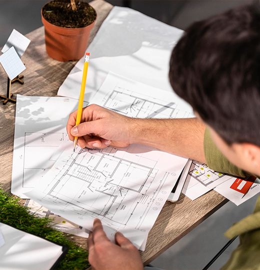 An architecture professional drawing a house plan at a table.