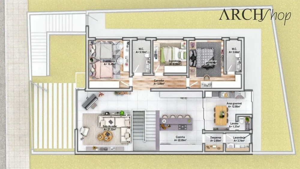Planta baixa do pavimento superior do Projeto América, com 3 quartos e circulação funcional.