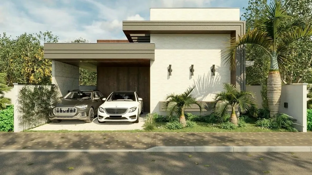 Fachada de casa de alto padrão com linhas modernas e paisagismo do Projeto Belize.