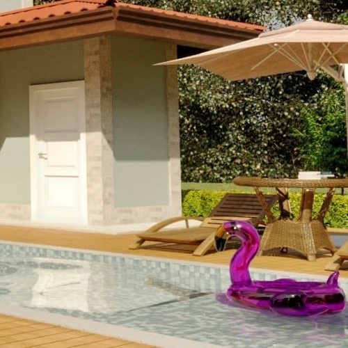 Miniatura de post com área de lazer de casa de campo, apresentando piscina com boia de flamingo, deck de madeira, espreguiçadeiras e mesa de vime sob guarda-sol.