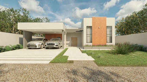 Projeto de casa térrea com 3 suítes e ambientes integrados.