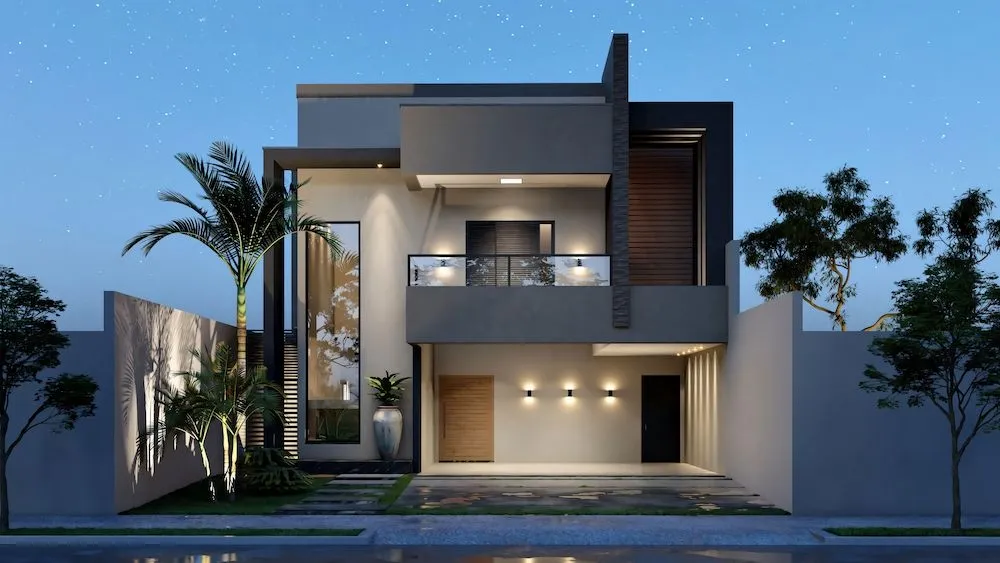 Fachada do Projeto Flórida, um sobrado contemporâneo com 3 quartos, escritório e piscina.