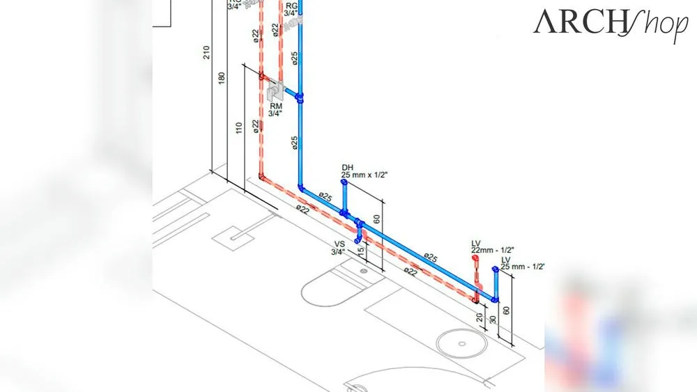 Exemplo de projeto hidráulico da ArchShop em 3D, mostrando detalhes da tubulação e sistema para uma residência, com foco em segurança e eficiência.