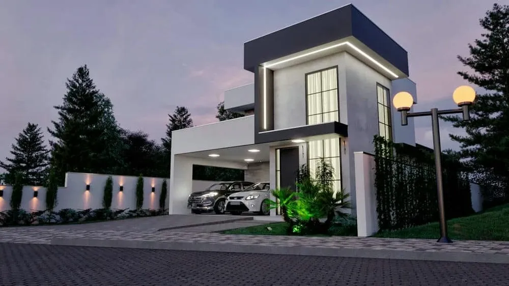 Fachada do Projeto Munique, uma casa térrea de 3 quartos com estilo clean e conceito aberto.