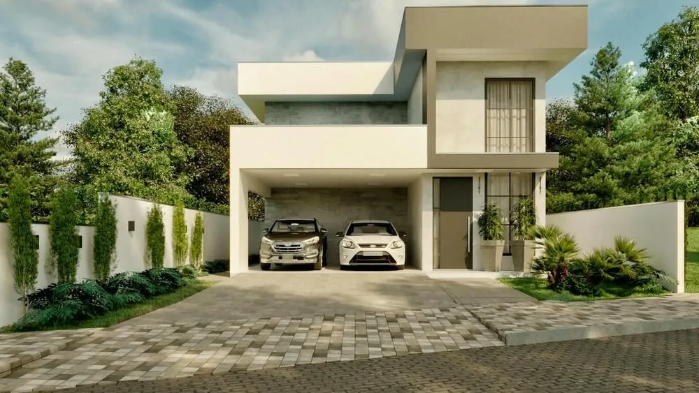 Fachada moderna da casa do Projeto Munique com linhas retas e tons neutros, exemplificando o estilo industrial em um projeto residencial.