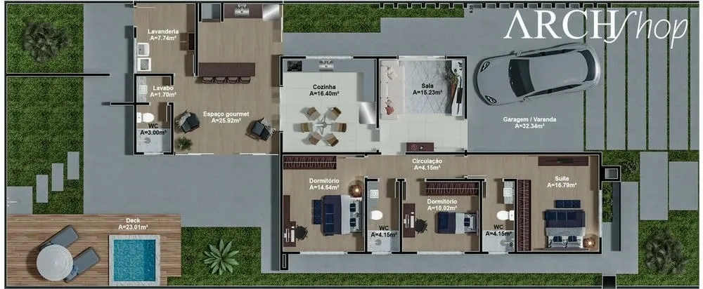 Planta baixa térrea do Projeto Suíça, mostrando a distribuição dos 3 quartos e ambientes.