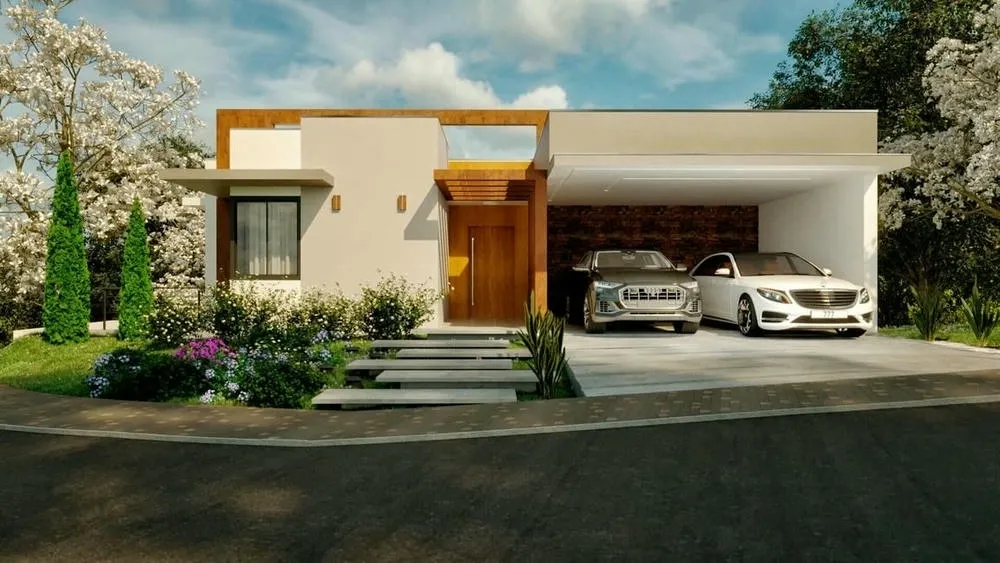 Fachada de una casa de dos pisos con 5 suites, piscina y deck, con diseño moderno y tonos neutros.