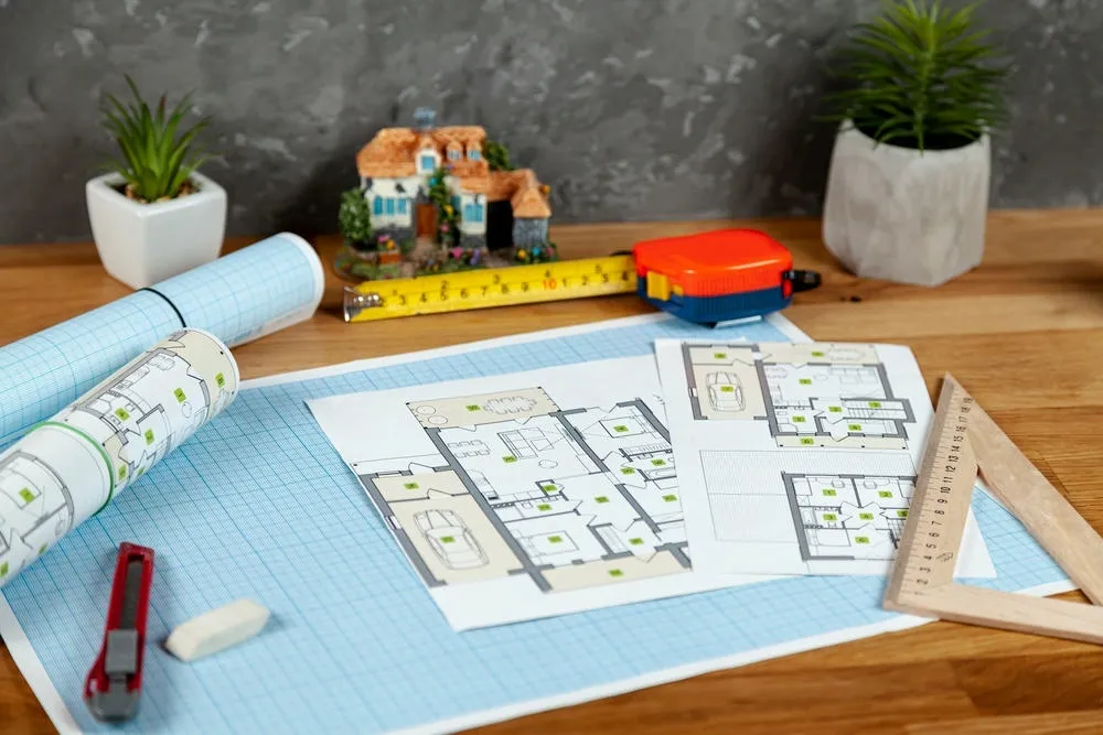 Una mesa con planos de arquitectura y herramientas de ingeniería, como cinta métrica y regla, junto a un modelo de casa.