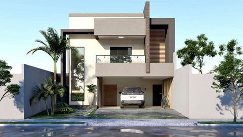 Proyecto casa de dos pisos con fachada moderna.