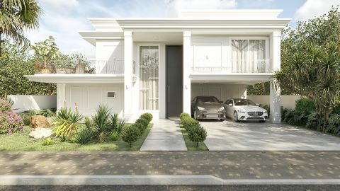 Fachada clásica de casa de dos plantas neoclásica blanca con 5 habitaciones, 2 suites, 5 baños y garaje para 2 coches. Destaca el área gourmet, piscina y oficina. Terreno plano y regular.
