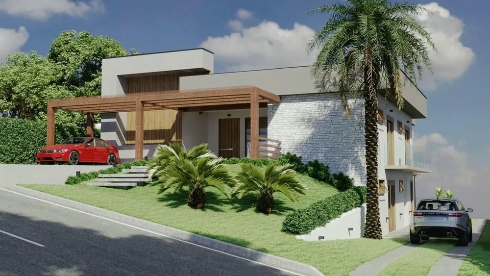 Fachada de casa en estilo rústico con elementos de madera, ladrillos y piedra, y paisajismo integrado.