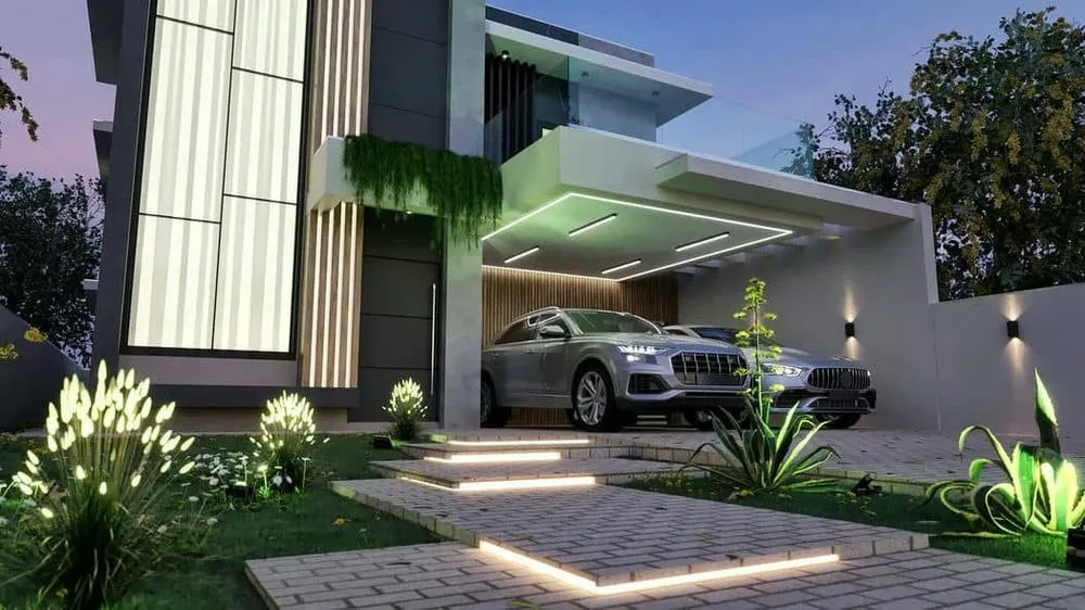 Hall de entrada con doble altura del Proyecto Casablanca, un sobrado de alto standing con 3 suites.