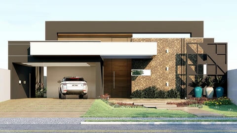 Proyecto de casa de campo con diseño moderno, presentando fachada con revestimiento en piedra, detalles en madera y cornisa oscura. Casa de planta baja con 225.78m² en terreno de 15x40, proyectada con 3 habitaciones (siendo 1 suite), 3 baños, garaje para 2 coches, zona gourmet y piscina.