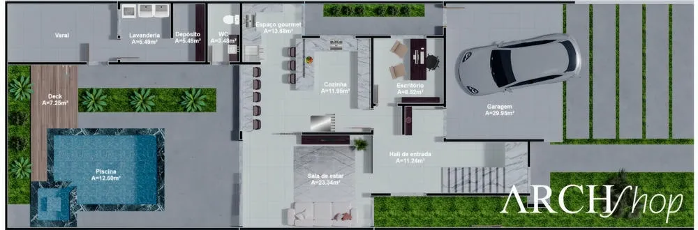 Planta baja de la planta baja del Proyecto Florida, con 3 dormitorios e integración del área gourmet.
