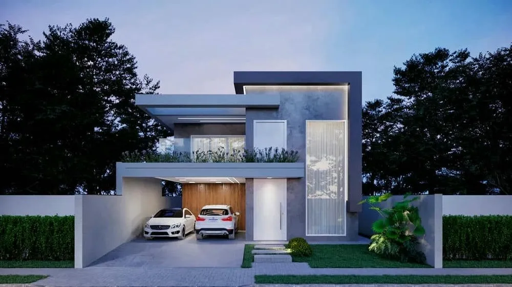 Fachada del Proyecto Irlanda, un sobrado moderno de 3 suites ideal para terreno estrecho.