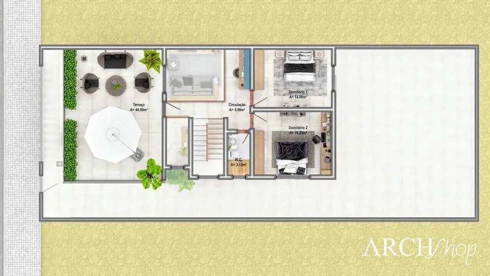Planta baja de la planta superior del Proyecto Marruecos, con suite principal y área de ocio.