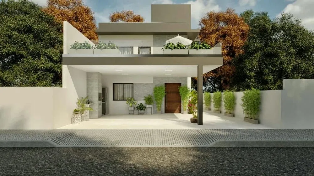 Fachada del Proyecto Marruecos, un sobrado compacto de 3 dormitorios con doble altura.