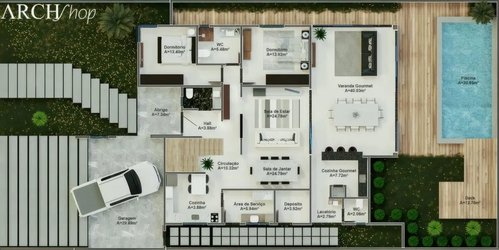 Planta baja de la planta superior del Proyecto New York, un sobrado con 3 dormitorios, suite principal y balcón.