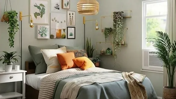 Quarto decorado com tons de rosa claro e azul, móveis em madeira e plantas, criando uma atmosfera tranquila.