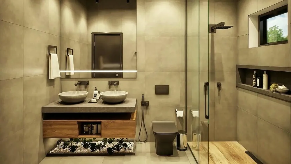 Quarto com parede de cimento queimado, cama baixa e iluminação ambiente, refletindo a estética minimalista e industrial.