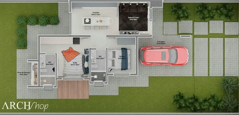 Humanized floor plan of the Quebec Project, with American kitchen and integrated living and dining room.