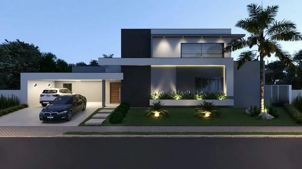 Modern facade of a ready-made house, with straight lines and large windows, ideal for inspiring construction.