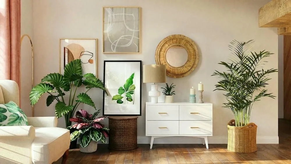 Living room decorated with various plants and vases, adding a natural and fresh touch to the environment, ideal for a rented house.