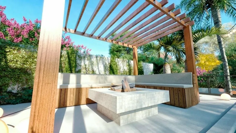 Rustic fire pit integrated into a living area, from ArchShop's Geneva Project, for an intimate atmosphere.