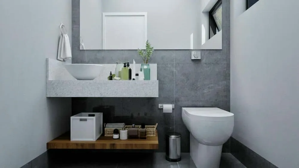 Bathroom with rustic-modern style, using coverings that resemble wood and stone, from the Barcelona Project.