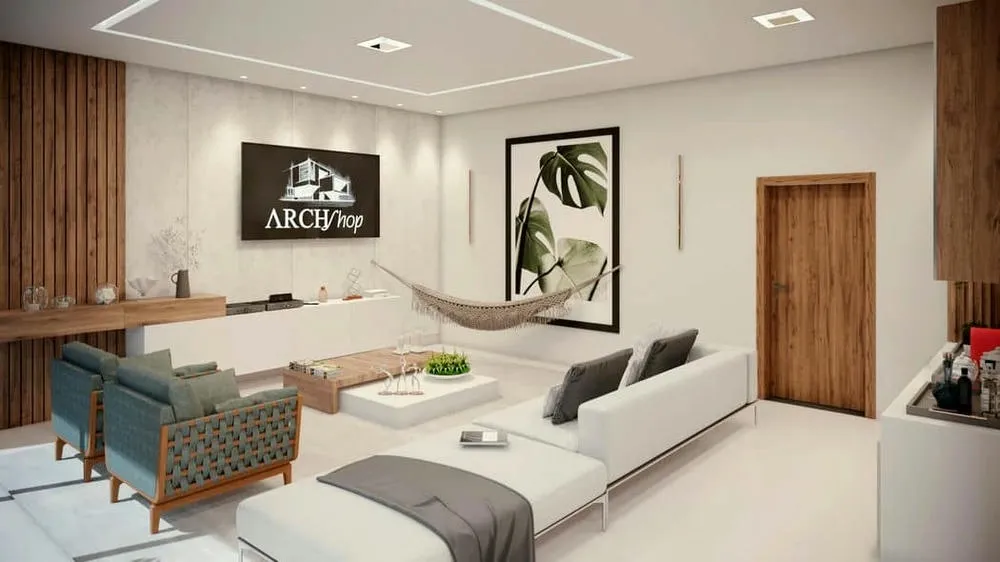 Sala de estar minimalista com sofá branco, rede e painel de TV, realçando a iluminação integrada no teto.