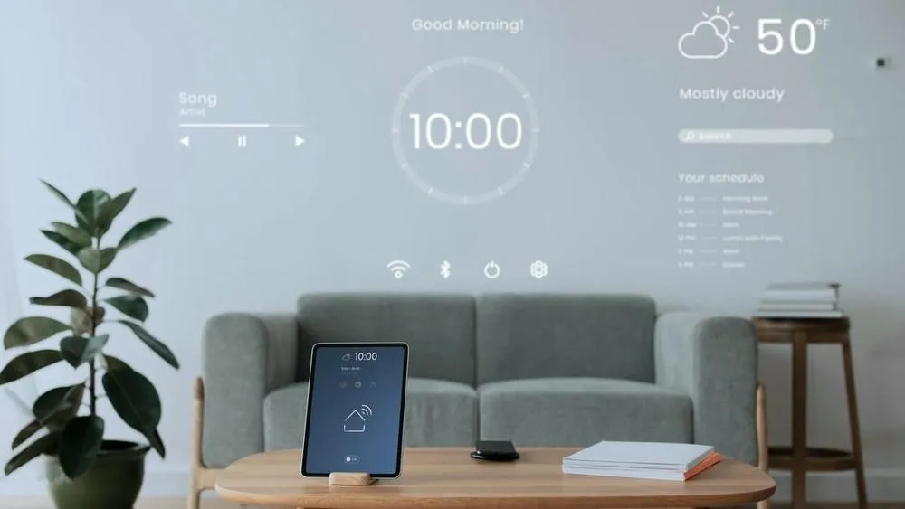 Sala de estar moderna con automatización residencial, exhibiendo proyecciones holográficas en la pared de información como hora, temperatura, música y agenda, controladas por un tablet en una mesa de centro.