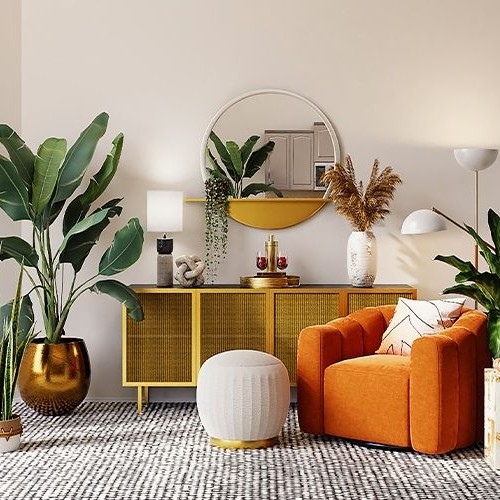 Sala de estar moderna com sofá cinza, mesa de centro de madeira e plantas, destacando as tendências de arquitetura e decoração.